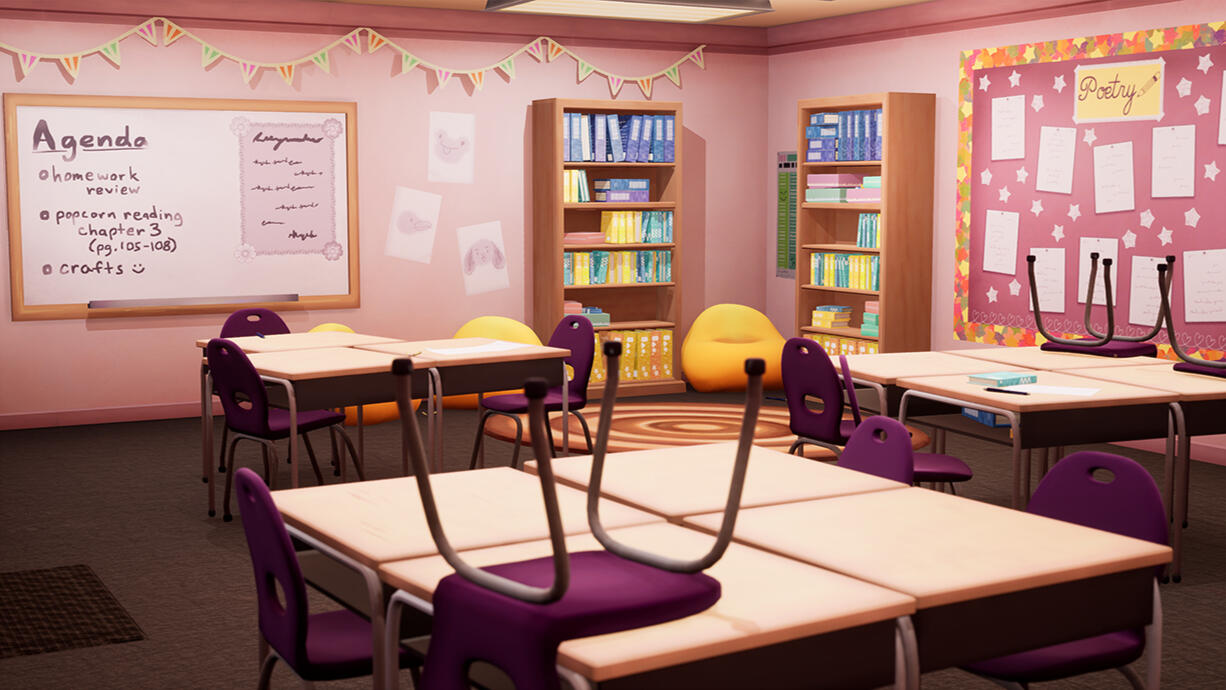 A colorful classroom environment rendered in Unreal Engine 4. There are 3 small groups of desks, 2 bookshelves with bean bag chairs nearby, a whiteboard on the back wall, and a variety of paper wall decor.