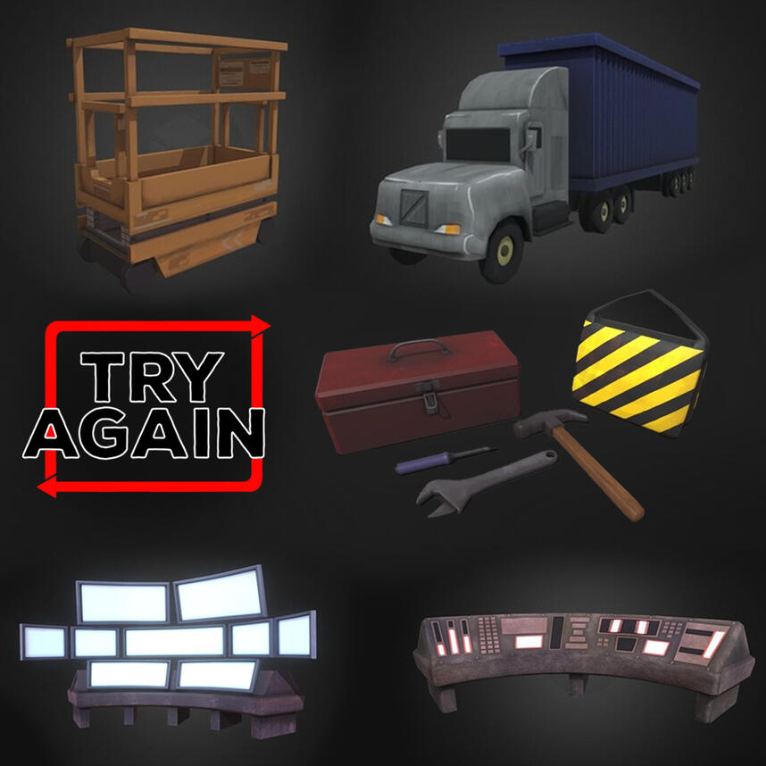 Screenshots of textured 3D props for USC AGP Try Again. A scissor lift, a freight truck, tools with a toolbox, a rounded screen monitor station, and a rounded control panel.